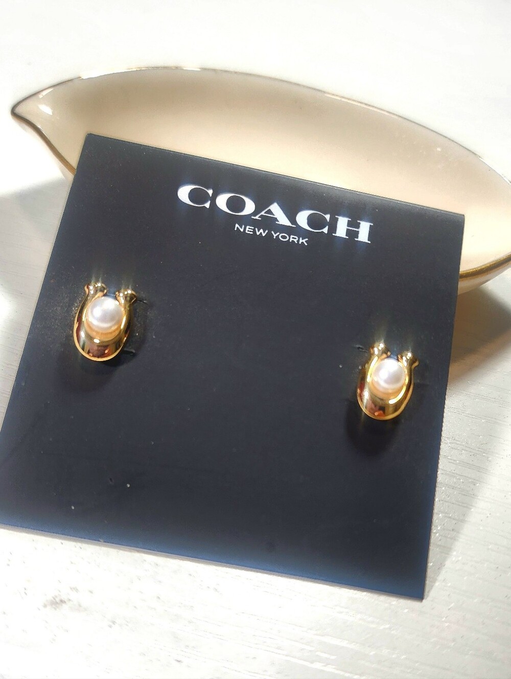 COACH Gold and Pearl Accent Stud Earrings. NWT